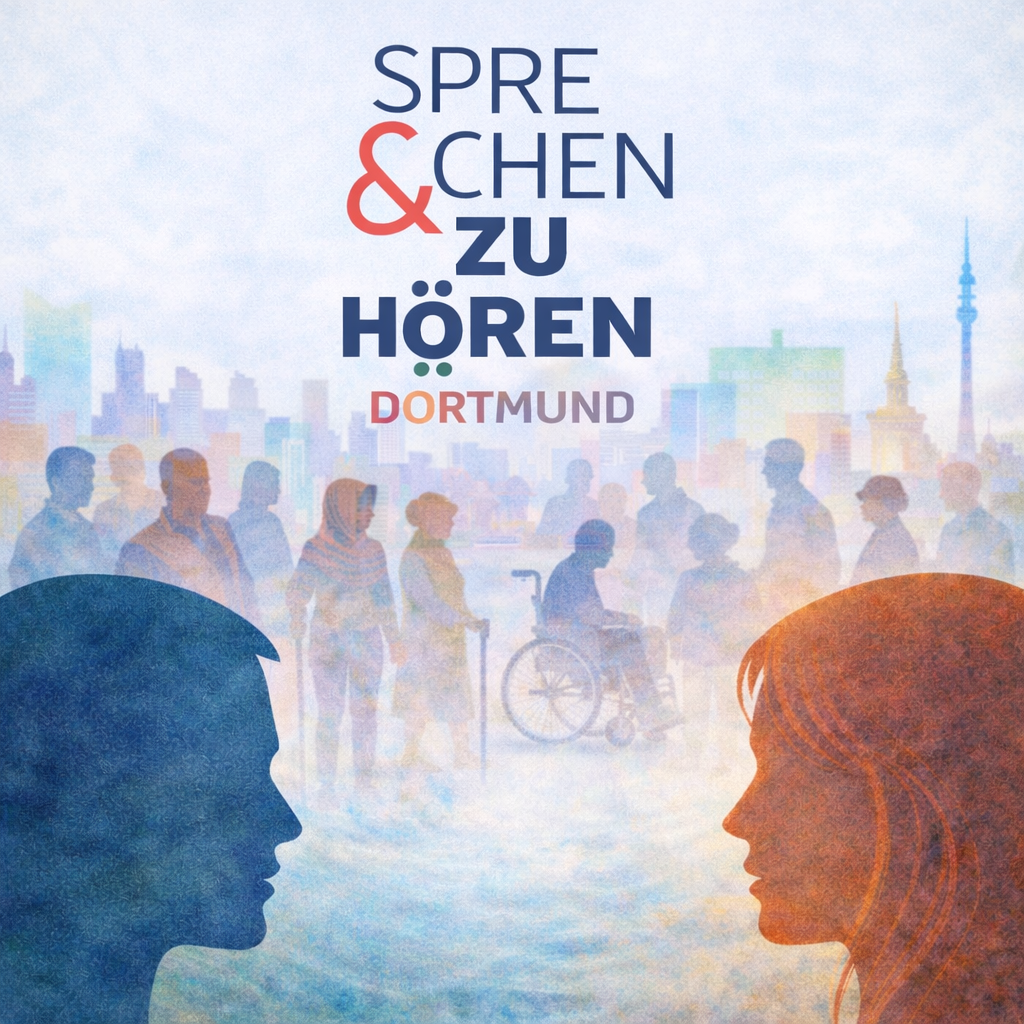 Sprechen und Zuhören Dortmund – zwei Menschen begegnen sich vor der Dortmunder Stadtsilhouette